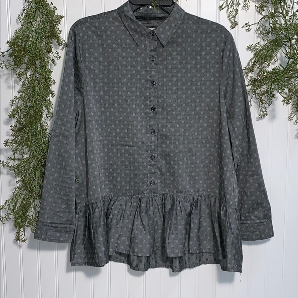 The GREAT. Polka Dot Peplum Button Down Shirt